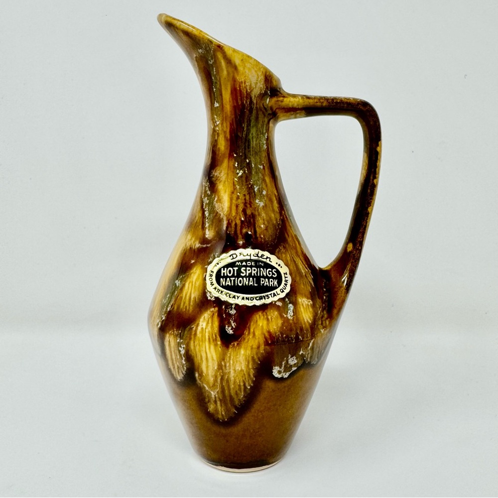 Dryden Pottery Pitcher Ewer Mid Century Drip Glaze Brown Beige Vintage 1950s